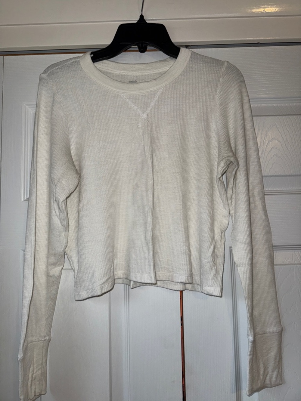 Aerie Cropped White Waffle Crewneck Top